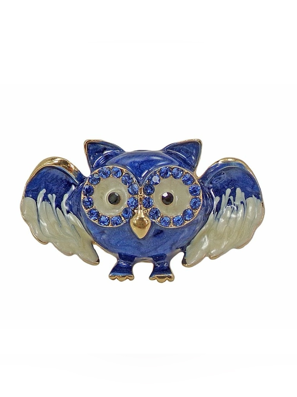Blue Owl pin brooch with white enamel and blue crystals  Women's cute owl pin